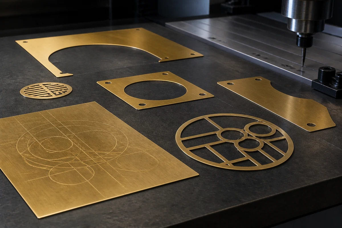 Dünne Messingbleche mit CNC-gefrästen Konturen und feinen Gravuren