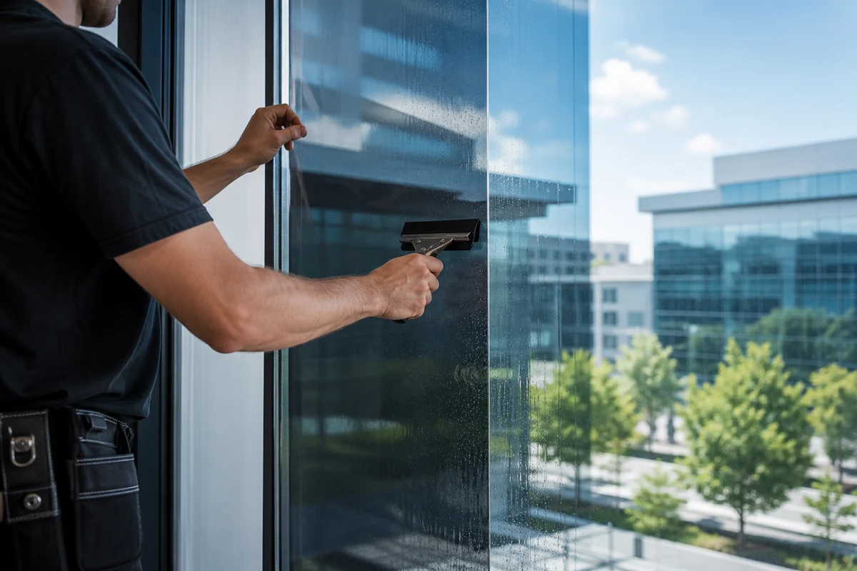 Fachgerechte Montage einer Sonnenschutzfolie auf einer großen Bürofensterscheibe